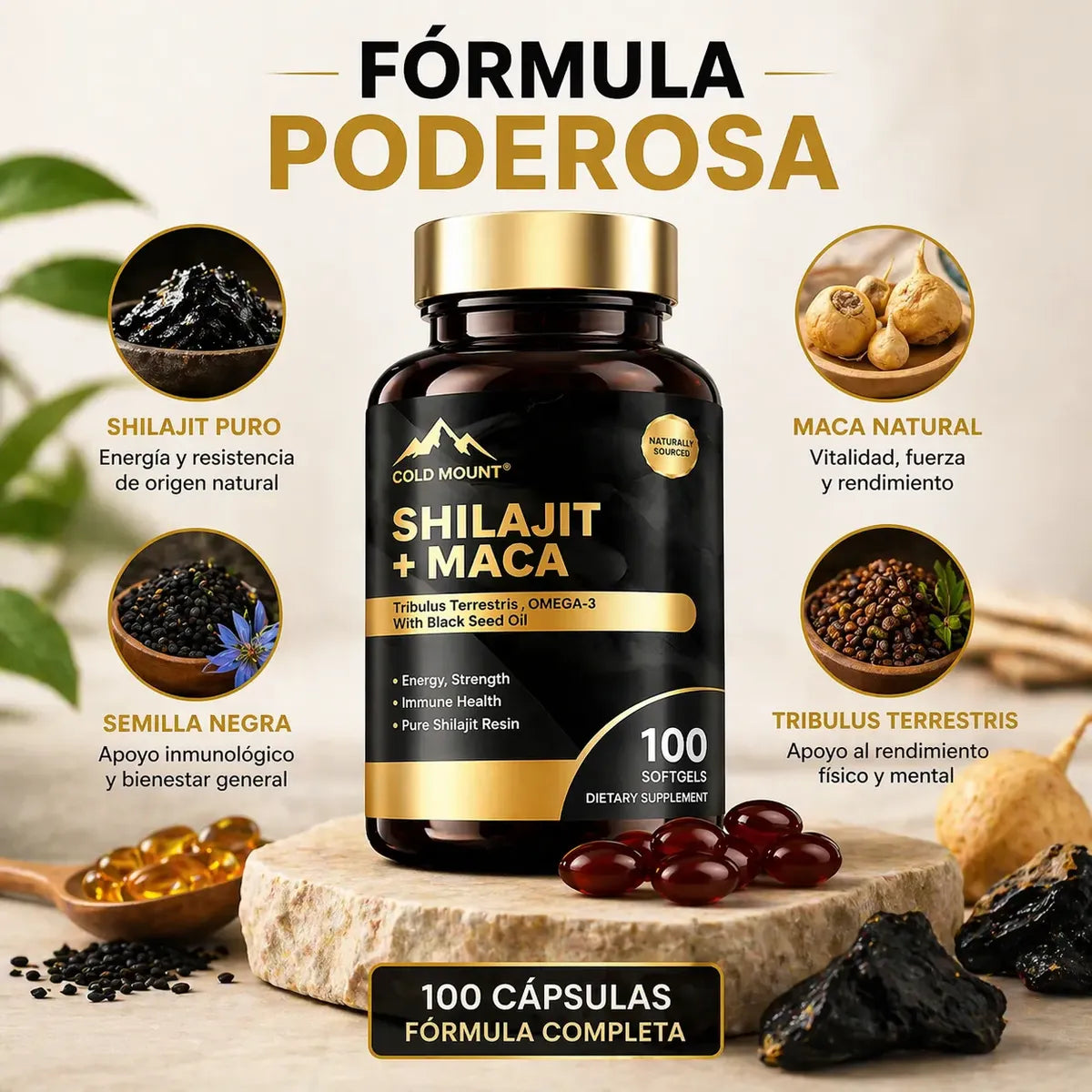 Suplemento Shilajit + Maca 100 capsulas
